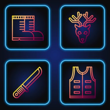 Av ceketi, avcı bıçağı, avcı botları ve boynuzlu geyik kafası. Renk simgeleri. Vektör