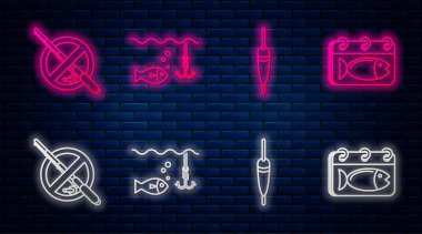 Olta oltasını balıkla suya daldırmak, yüzdürmek, balık tutmak ve balıkla takvim yapmak yok. Tuğla duvarda parlayan neon simgesi. Vektör
