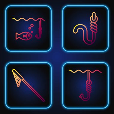 Olta oltası, balık ağı, balık oltası, balık oltası, balık oltası ve solucan. Renk simgeleri. Vektör