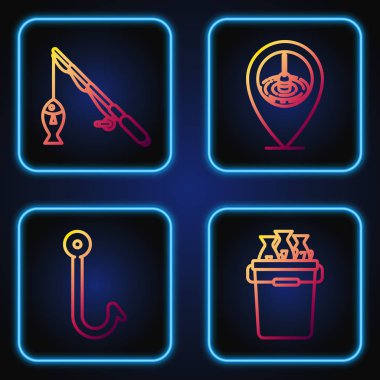 Oltayla olta, balık oltası, olta, balık oltası ve konum balıkçılığı. Renk simgeleri. Vektör