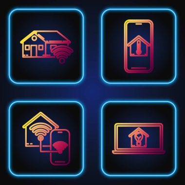 Akıllı ev ve ampullü dizüstü bilgisayar, kablosuz ağ bağlantısı olan akıllı ev, kablosuz ağ bağlantısı olan akıllı ev ve ev sıcaklığında cep telefonu olan akıllı ev. Renk simgeleri. Vektör