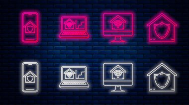Dizüstü bilgisayarı, akıllı evle Wi-Fi, akıllı evle bilgisayar monitörüyle Wi-fi, cep telefonuyla ev korunması ve House 'u koruma altına alın. Tuğla duvarda parlayan neon simgesi. Vektör