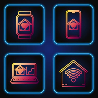 Dizüstü bilgisayarı Wi-Fi ile akıllı evi, akıllı saati Wi-Fi ile akıllı evi ve Wi-Fi ile akıllı evi olan cep telefonunu ayarla. Renk simgeleri. Vektör