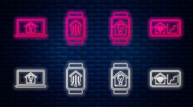 Akıllı saat, akıllı ev ve ampullü akıllı saat, akıllı ev bilgisayarlı laptop, ampul ve kablosuz akıllı ev telefonlu cep telefonu. Tuğla duvarda parlayan neon simgesi. Vektör