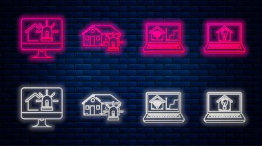 Hat akıllı ev ve alarm, akıllı ev ile akıllı ev kablosuz bilgisayar, akıllı ev ve alarm ile bilgisayar monitörü ve akıllı ev ve ampullü dizüstü bilgisayar. Tuğla duvarda parlayan neon simgesi. Vektör