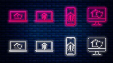 Akıllı evi olan bir dizüstü bilgisayar, akıllı evi olan bir cep telefonu, korunan bir evi olan bir dizüstü bilgisayar ve korunan bir evi olan bir bilgisayar ayarla. Tuğla duvarda parlayan neon simgesi. Vektör
