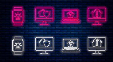 Hat bilgisayar monitörünü ev koruması altında, dizüstü bilgisayarı ampullü akıllı saati akıllı evi ve alarmı ve bilgisayar monitörünü ev sıcaklığında ayarla. Tuğla duvarda parlayan neon. Vektör