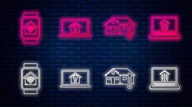 Akıllı ev ve ampullü dizüstü bilgisayarı, ev sıcaklığını, akıllı evi, wi-fi 'si ve akıllı evi olan dizüstü bilgisayarı olan akıllı saati ayarla. Tuğla duvarda parlayan neon simgesi. Vektör