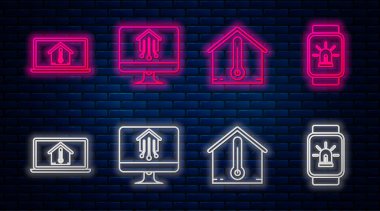 Çizgi bilgisayar monitörünü akıllı ev sıcaklığında, ev sıcaklığında dizüstü bilgisayarı akıllı ev ve alarmlı akıllı saati ayarla. Tuğla duvarda parlayan neon simgesi. Vektör