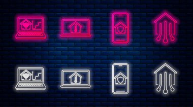 Ev sıcaklığında bir dizüstü bilgisayar, korunan bir cep telefonu, kablosuz internet ve akıllı evli bir dizüstü bilgisayar ayarla. Tuğla duvarda parlayan neon simgesi. Vektör