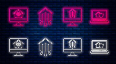 Akıllı ev hattı, akıllı ev ile bilgisayar monitörü, akıllı ev ile bilgisayar monitörü Wi-fi ve ev koruma altında dizüstü bilgisayar ayarlayın. Tuğla duvarda parlayan neon simgesi. Vektör