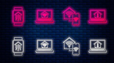 Dizüstü bilgisayarla akıllı ev, kablosuz internet, kablosuz internet akıllı ev akıllı saat akıllı ev ve ev sıcaklığında dizüstü bilgisayar. Tuğla duvarda parlayan neon simgesi. Vektör