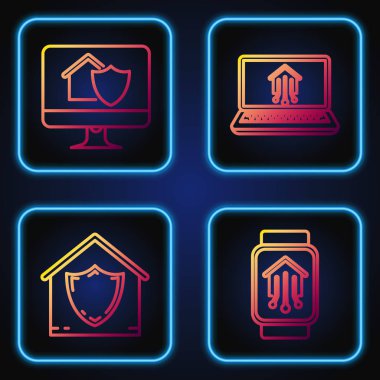 Akıllı saat ile akıllı ev, korunan ev, korunan ev ile bilgisayar monitörü ve akıllı ev ile dizüstü bilgisayar ayarla. Renk simgeleri. Vektör