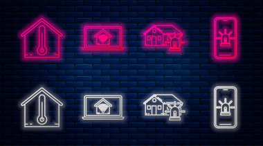 Akıllı ev, akıllı ev, akıllı ev ve alarm, ev sıcaklığı ve akıllı ev ve alarmlı cep telefonu ile dizüstü bilgisayarı ayarla. Tuğla duvarda parlayan neon simgesi. Vektör