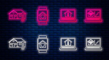 Akıllı saat, ev koruması altında, ev sıcaklığında dizüstü bilgisayar, ev sıcaklığında dizüstü bilgisayar ve kablosuz ağ ile akıllı ev ayarla. Tuğla duvarda parlayan neon simgesi. Vektör