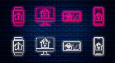 Bilgisayar monitörünü akıllı ev ve ampulle, cep telefonunu kablosuz internet ile, akıllı saati ev ısısı ve ampulle ayarla. Tuğla duvarda parlayan neon simgesi. Vektör