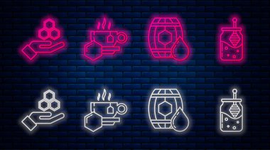 Ballı çay bardağı, ballı ahşap fıçı, bal peteği ve el kavanozu ve bal ve ballı şeker çubuğu. Tuğla duvarda parlayan neon simgesi. Vektör