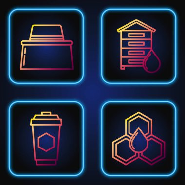 Hattı ayarla Bal Tarağı, Ballı bir fincan çay, Arı Koruyucu Şapkalı ve Arı Kovanı. Renk simgeleri. Vektör