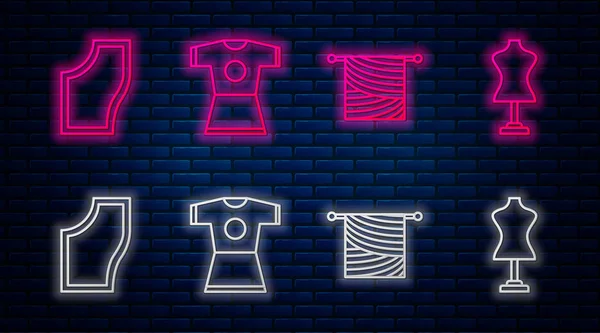 Set line Robe de femme, tricot, motif de couture et mannequin. Icône lumineuse au néon sur le mur de briques. Vecteur — Image vectorielle