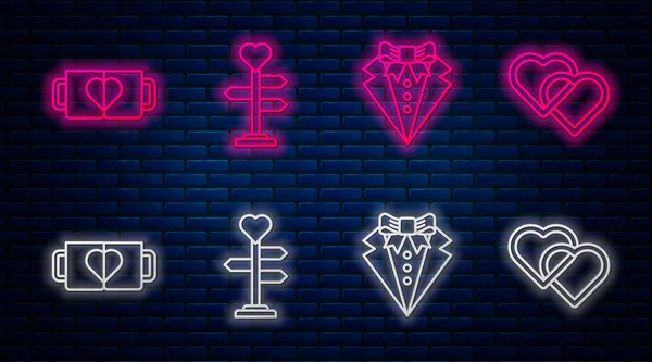 Set line Signpost with heart, Suit, Two coffee cup and heart and Two Linked Hearts. Glowing neon icon on brick wall. Vector — Stock Vector