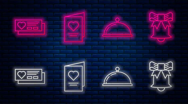 Set line Valentines day party flyer with heart, Covered with a tray of food, Ticket with heart and Ringing bell. Glowing neon icon on brick wall. Vector — Stock Vector