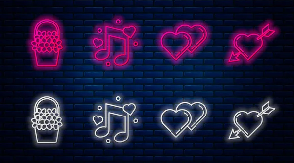Notenzeile, Ton mit Herzen, zwei miteinander verbundene Herzen, Blumen in einem Korb und Amour-Symbol mit Herz und Pfeil. Leuchtende Neon-Ikone an der Ziegelwand. Vektor — Stockvektor