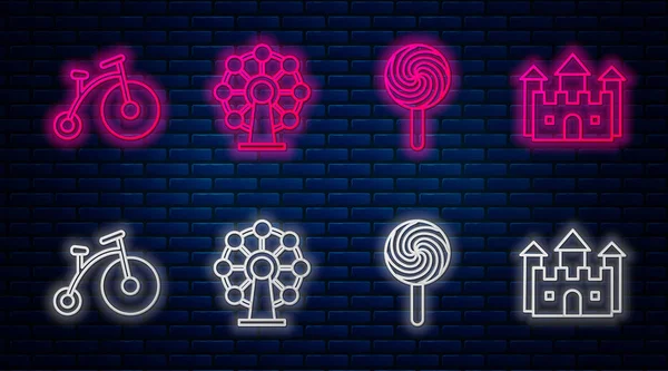 Dönme dolap, lolipop, bir büyük tekerlekli klasik bisiklet, bir küçük ve Castle. Tuğla duvarda parlayan neon simgesi. Vektör