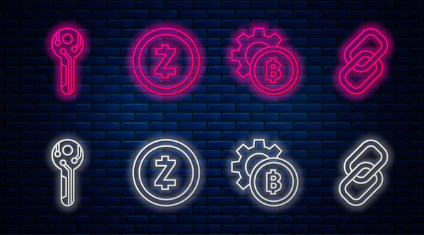 Set line Cryptocurrency érme Zcash Zec, Cryptocurrency érme Bitcoin, Cryptocurrency kulcs és Láncszem. Ragyogó neon ikon a téglafalon. Vektor — Stock Vector