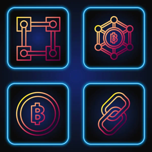 Establecer línea Cadena de enlace, moneda criptomoneda Bitcoin, tecnología Blockchain y tecnología Blockchain Bitcoin. Iconos de color degradado. Vector — Vector de stock