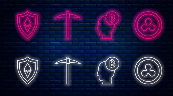 Définir la ligne Pickaxe, Bitcoin penser, Bouclier Ethereum ETH et Crypto-monnaie pièce Ondulation XRP. Icône lumineuse au néon sur le mur de briques. Vecteur — Image vectorielle