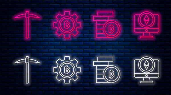Définir la ligne Crypto-monnaie pièce Bitcoin, Crypto-monnaie pièce Bitcoin, Pickaxe et Moniteur et Crypto-monnaie pièce Ethereum ETH. Icône lumineuse au néon sur le mur de briques. Vecteur — Image vectorielle