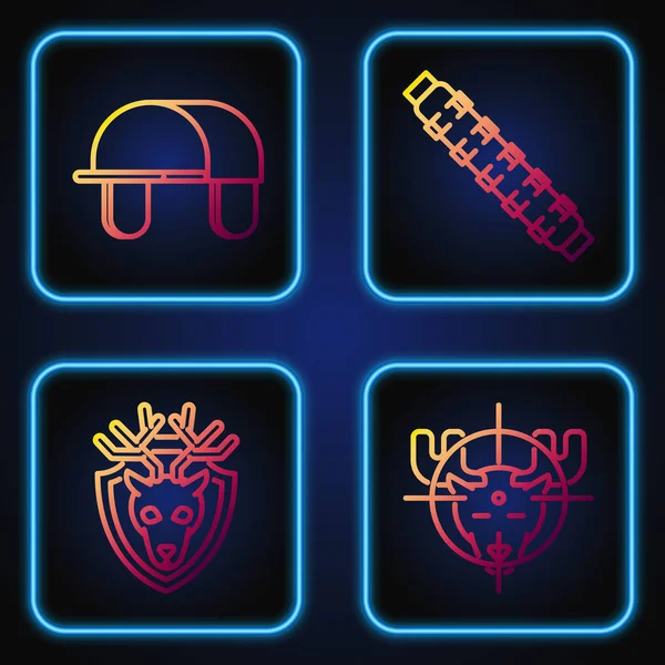 Hunt 'ı geyik avına, geyik kafasini kalkanda geyik boynuzlarina Hunter şapkasina ve kartustlu av kemerine ayarlayin. Renk simgeleri. Vektör