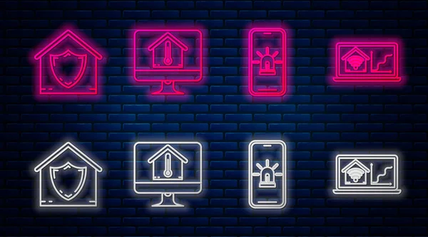 Bilgisayar monitörünü ev sıcaklığında, cep telefonunu akıllı ev ve alarmlı, evi koruma altında ve evi kablosuz bilgisayarlı akıllı evle donatın. Tuğla duvarda parlayan neon simgesi. Vektör