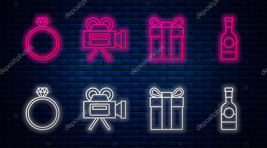 set line cinema camera gift box diamond engagement ring and champagne bottle glowing neon icon on brick wall vector premium vector in adobe illustrator ai ai format encapsulated postscript champagne bottle glowing neon icon