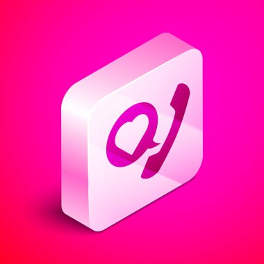 Kalp emojisi konuşma balonlu Isometric Telefon pembe arkaplanda izole ekran simgesine iletin. Sevgililer Günü. Gümüş kare düğme. Vektör İllüstrasyonu