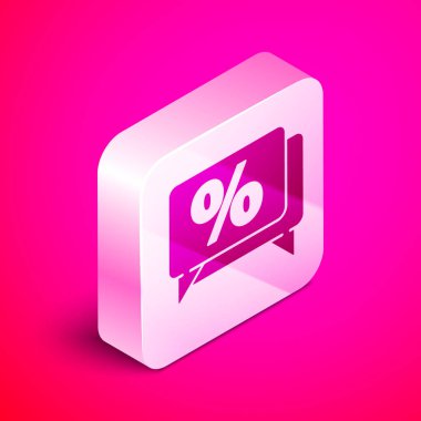 Pembe arka planda yalıtılmış İzometrik İndirim yüzde etiket simgesi. Alışveriş etiketi işareti. Özel teklif işareti. İndirim kuponları sembolü. Gümüş kare düğme. Vektör İllüstrasyonu