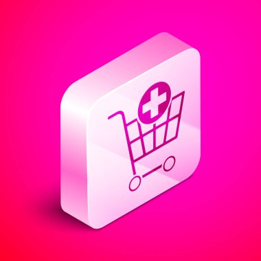 İzometrik Pembe arka plan üzerinde yalıtılmış Alışveriş sepeti simgesine ekle. Online satın alma konsepti. Teslimat hizmeti işareti. Süpermarket sepeti sembolü. Gümüş kare düğme. Vektör İllüstrasyonu