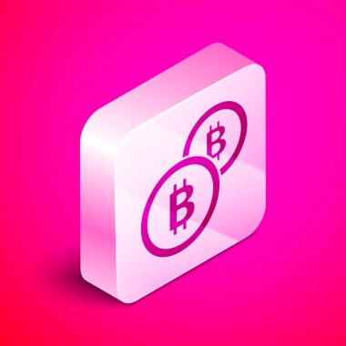 İzometrik Cryptocurrency sikke Bitcoin simgesi pembe arka plan üzerinde izole. Fiziksel biraz para. Blockchain tabanlı güvenli kripto para birimi. Gümüş kare düğme. Vektör İllüstrasyonu