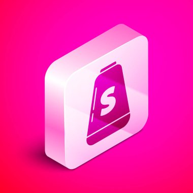 Pembe arka planda izole edilmiş Isome Tuz simgesi. Yemek pişirme baharatları. Gümüş kare düğme. Vektör İllüstrasyonu