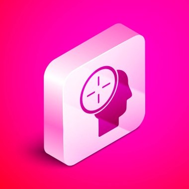 Pembe arka planda izole edilmiş Isometric kafa avlama konsepti ikonu. İş hedefi ya da İş Bulma. İş için insan kaynakları ve adam toplama. Gümüş kare düğme. Vektör İllüstrasyonu