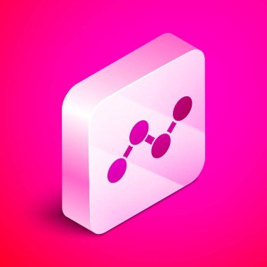 Pembe arka planda Isometric Share simgesi izole edildi. Paylaşma, iletişim piktogramı, sosyal medya, bağlantı, ağ, dağıtım. Gümüş kare düğme. Vektör İllüstrasyonu