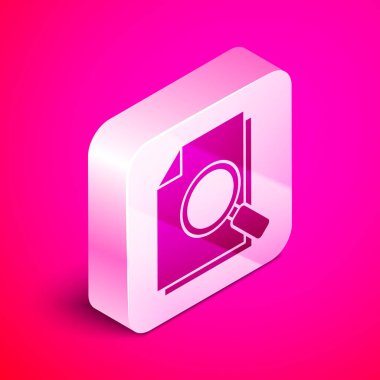 Pembe arka planda izole edilmiş arama simgesine sahip Isome Belgesi. Dosya ve büyüteç simgesi. Analitik araştırma işareti. Gümüş kare düğme. Vektör İllüstrasyonu