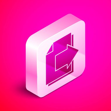 Isometric Sonraki sayfa ok simgesi pembe arkaplanda izole edildi. Oklu belge dosyası. Belge gönder. Gümüş kare düğme. Vektör İllüstrasyonu