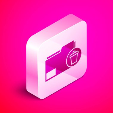 Pembe arkaplanda izole edilmiş Isometric Silete dizin simgesi. Dizini sil ya da hata yap. Bilgisayar bilgi dizinini kapat. Gümüş kare düğme. Vektör İllüstrasyonu