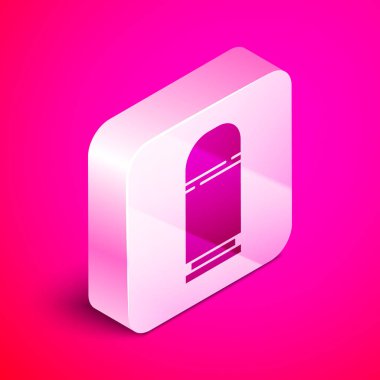 Pembe arka planda izole edilmiş İzometrik Kartuşlar simgesi. Av tüfeği avlama ateşli silah kartuşları. Av tüfek mermi simgesi. Gümüş kare düğme. Vektör İllüstrasyonu