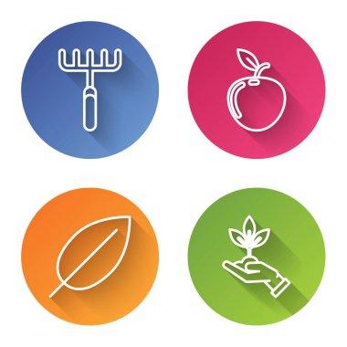 Bahçe tırmığı, Elma, Yaprak ve Bitki 'yi çevre korumasına alın. Renkli daire düğmesi. Vektör