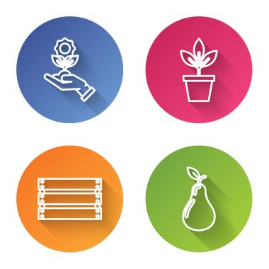 El ele tutuşan çiçekler, saksıda çiçekler, tahta kutu ve armut. Renkli daire düğmesi. Vektör