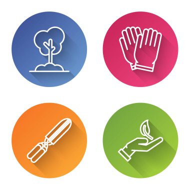 Zeminde bir çizgi ağacı, bahçe eldivenleri, bahçe yapımı bahçe makası çevre korumasında kullanılan filizleri budamak için. Renkli daire düğmesi. Vektör