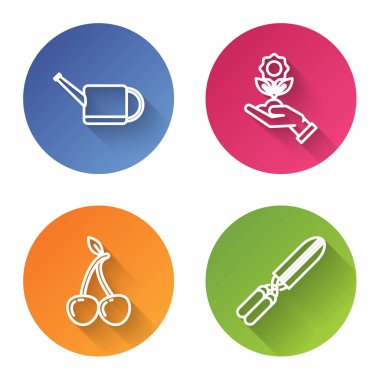 Halat sulama kutusu, çiçek tutan el, kiraz ve bahçe makasları budamak için. Renkli daire düğmesi. Vektör