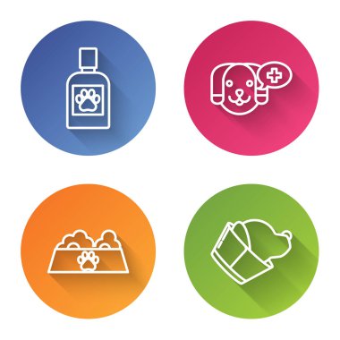 Köpek ilacı şişesi, veteriner kliniği sembolü kedi, köpek ve veteriner kliniği sembolü. Renkli daire düğmesi. Vektör